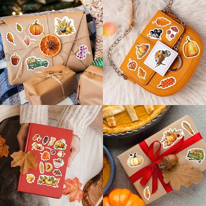 32 Sheets Fall Theme Sticker, Pumpkin Stickers, Hello Autumn Sticker, Thanksgiving Stickers for Kids, Fall Harvest Food Pumpkin Maple Leaves, Thanksgiving Party Favors Supplies
