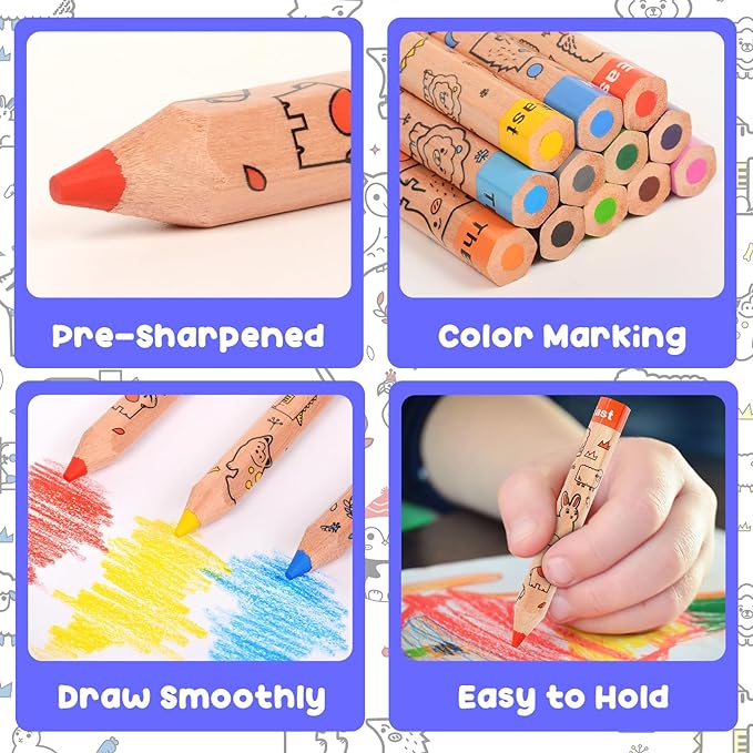 ThEast 24 Short Jumbo Colored Pencils, Cute Animal Pencils for Kids ages 3-12, Hexagonal Thick Pencils with Sharpener, Toddler Coloring Pencils Set, Pre-Sharpened(2 Sets of 12)