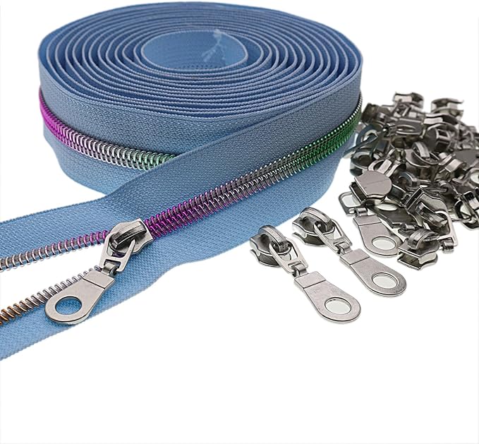 #5 Colorful Metallic Nylon Coil Zipper by Yard,Blue Zipper Tape Bulk 10 Yards with 25pcs Silver Pull for DIY Sewing Craft Bag YIGUANXIN