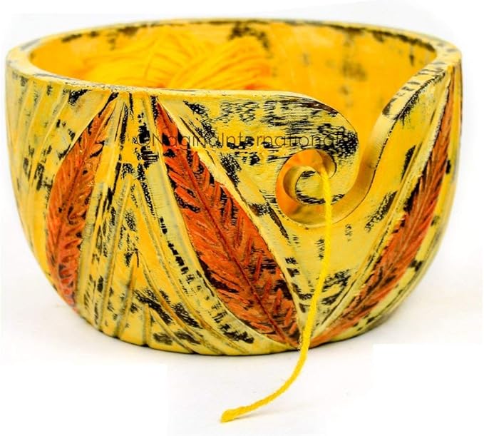 Nagina International Exquisite Premium Yarn Ball Storage Bowls | Hand Painted Lovely Decor Yet Functional Yarn Dispenser (Large (7 x 4 x 7 Inches), Autumn Yellow)