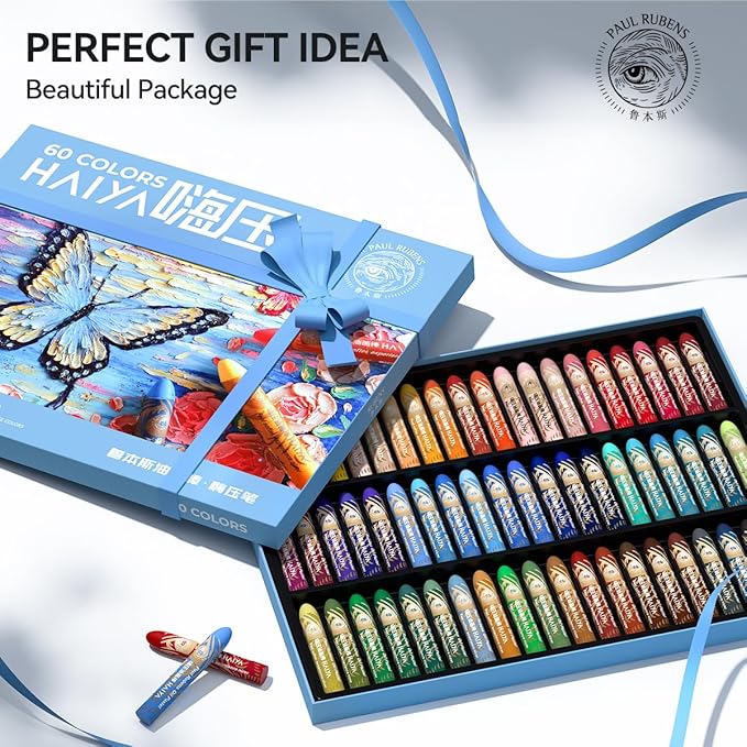 Paul Rubens Oil Pastels Set - 60 Vibrant Colors, Ultra-Soft and Creamy Texture, Easy to Blend for Artists and Beginners - Bullet Head Design for Drawing, Painting, Sketching - New Packaging