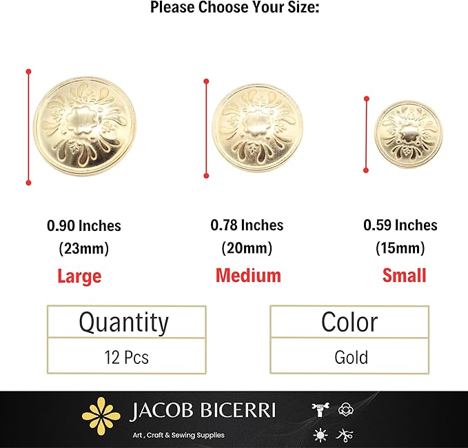 Gold Metal Shank Buttons - 12 Pcs - 3 Size Options - Floral Round Metal Shank Buttons for Men Women Blazer Coat Uniform Shirt Suit and Jacket Sewing Craft DIY N3703