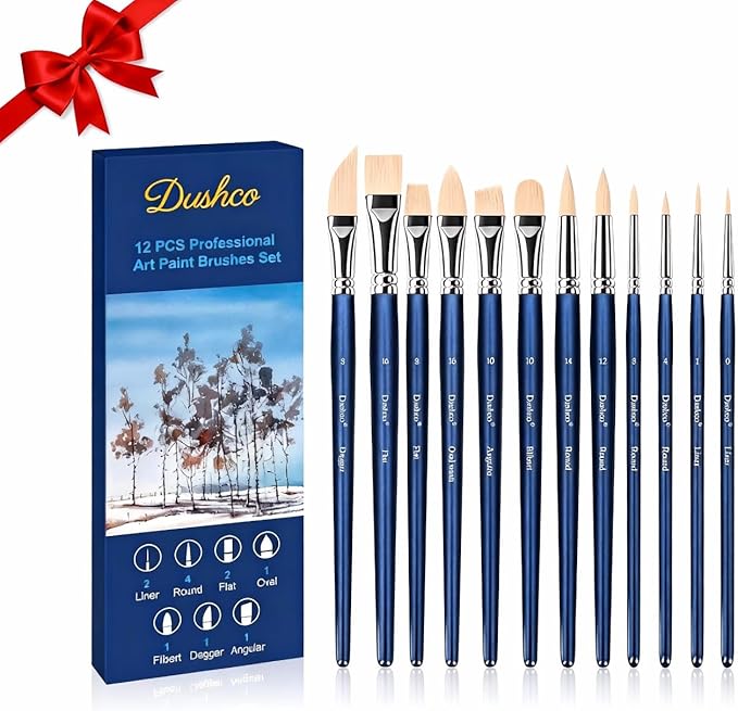 Artist Paint Brushes Set, 12 Pcs Watercolor Brushes Professional, Water Color Brushes - Round, Flat, Liner, Filbert, Angular, Oval Wash & Dagger for Acrylics, Ink, Watercolor, Gouache, Oil, Tempera
