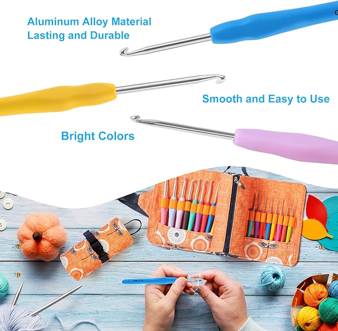 Vodiye 21 Sizes Ergonomic Crochet Hooks Set 0.5–10.0mm with Roll Bag, Soft Grip Crochet Needles for Crocheting Comfort