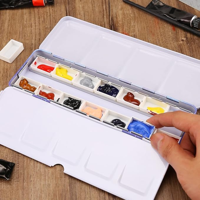 MYARTOOL Empty Watercolor Palette, Empty Watercolor Tin with Fold-Out Palette, Paint Tray Palette with 12 Empty Full Pans for DIY Travel Watercolor Palette, Acrylic Painting