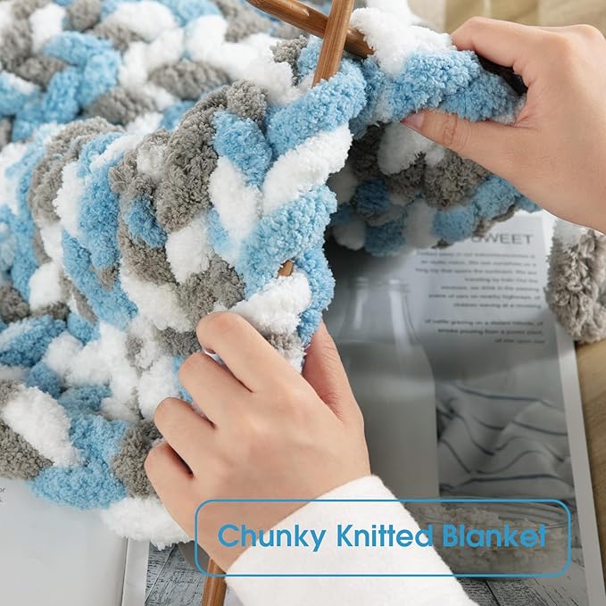 HOMBYS 8 Pack Giant Chunky Yarn for Crocheting,Super Bulky Large Soft Fluffy Yarn,Tie Dye Plush Fuzzy Yarn,Mixed Color Thick Chenille Yarn for Hand Knitting/Arm Knitting(Blue,Grey,White)