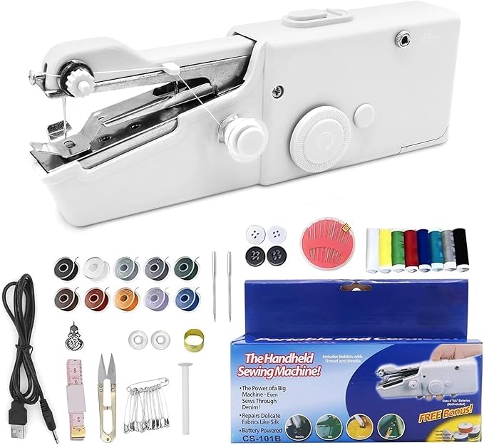 Portable Handheld Sewing Machine Kit Mini USB Electric Stitch Manual Hand Held Stitching Stapler Small Easy Sew Machine Beginners Travel Tiny Tailor Sewing Embroidery Tool Device Heavy Duty (White)