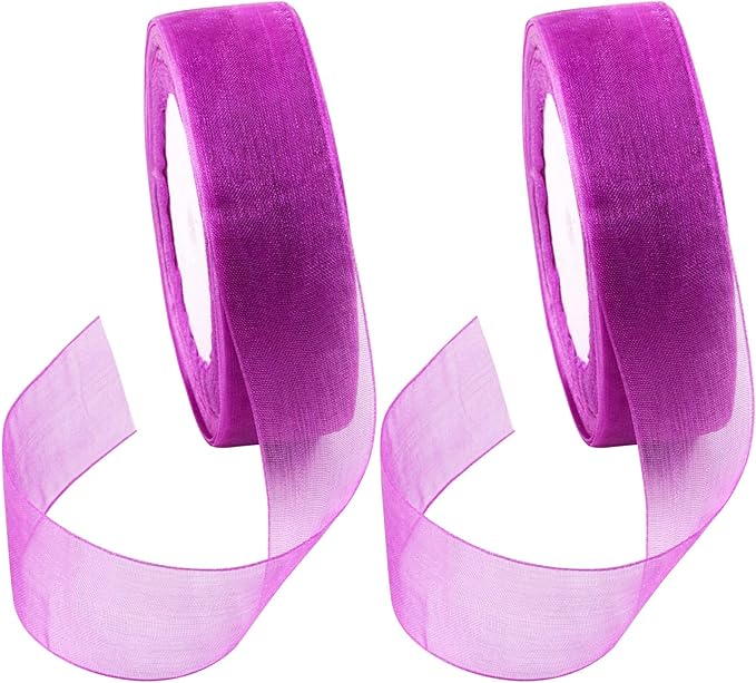 Swpeet 2 Rolls 50 Yards x 1 Inch Purple Shimmer Sheer Fabric Ribbons Organza Ribbon, Transparent Sheer Ribbon Chiffon Fabric Ribbons for Bouquets Wedding Birthday Decoration