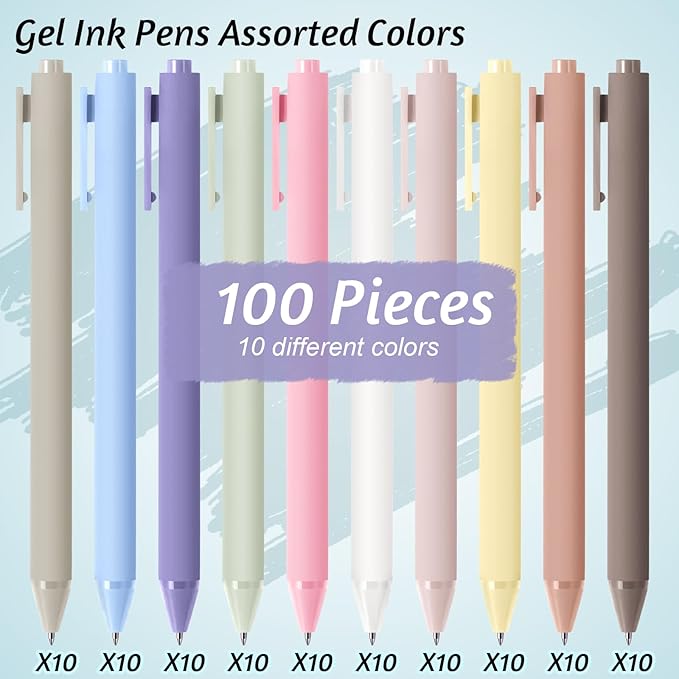 Crtiin 100 Pcs Gel Ink Pens Bulk, Black Ink 0.5mm Fine Point Retractable Pen Smooth Writing Office Supplies for Teacher Server Nurse Christmas Charity Donation Valentine (Pastel Colors)