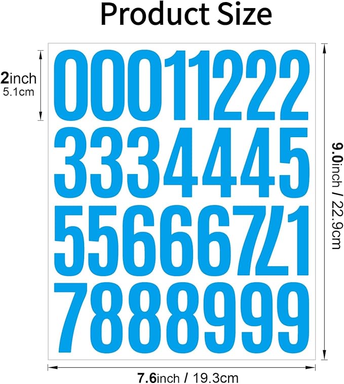 10 Sheets Vinyl Mailbox Number Stickers - Self-Adhesive Address Labels for Cars, House Doors, Windows & Metal Mailboxes (Blue, 2 inch)