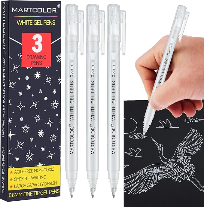 White Gel Pens, 0.8mm Extra Fine Point Opaque Archival Ink Pen for Black Paper Drawing, Art Highlight, Illustration, Bullet Journaling, Card Making & DIY Projects, 3 Pack