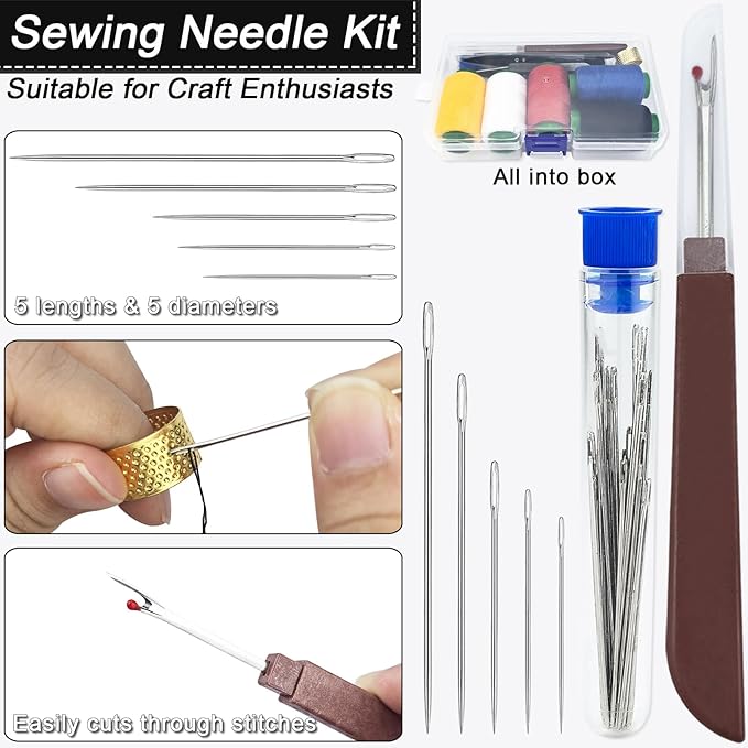 ArtCute Big Eye Steel Sewing Needles Kit 38 Pcs Stainless Steel Sewing Needles Set for Hand-Sewing, Includes Needles, Seam Ripper, Sewing Scissors, Threader, Portable DIY Crafts Kit for Beginners