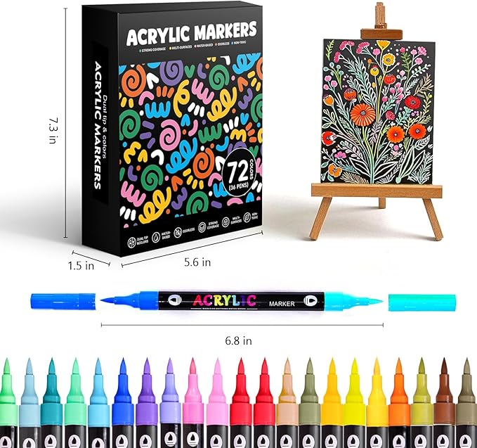 WINSONS 72 Colors Acrylic Paint Marker, Dual Tip and Dual Colors Acrylic Paint Pens for Stone, Wood, Canvas, Ceramic, Metal, Glass, Rock Painting, DIY Crafs Art Supplies (72 Colors)