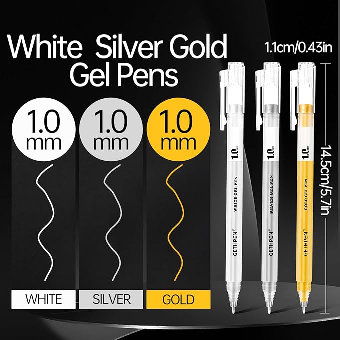3 Colors Gel Pen Set – White, Gold & Silver 1.0mm Fine Point Gel Ink Pens for Artists, Black Paper Drawing, Bullet Journaling & Holiday Crafts – Opaque Archival Ink, 3-Pack