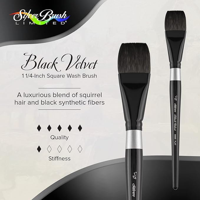 Silver Brush Limited 3008S-1-1/4 Black Velvet Square Wash Paintbrush for Watercolor, Gouache, Inks, & Dyes, Size 1-1/4 Inch, Short Handle