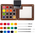 Mini Watercolor Paint Set - 15 Color Travel Watercolor Palette Set - Portable Water Color Paint Set with Binder Clips, Watercolor Brush Pens, Wooden Box for Beginners Painters Artists Student