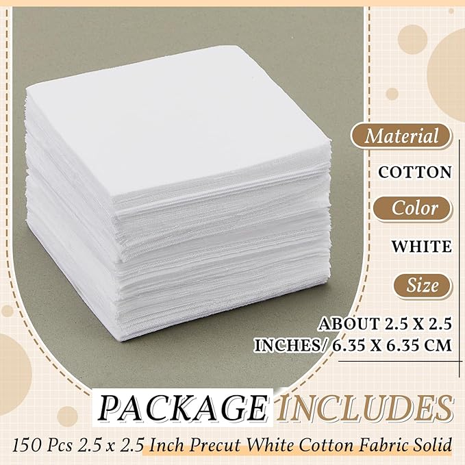 Peryiter 150 Pcs 2.5 x 2.5 Inches Cotton Fabric Squares Precut Quilting Fabric Bundles Mini White Cotton Fabrics Squares for DIY Beginners Sewing Craft for Patchwork Sewing Scrapbooking Quilting