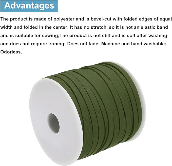 MECCANIXITY 1/4 Inch Double Fold Bias Tape Polyester Continuous Bulk Bias Tape for Sewing,Seaming Quilting Hemming Binding Crafts (Dark Green 55 Yards)
