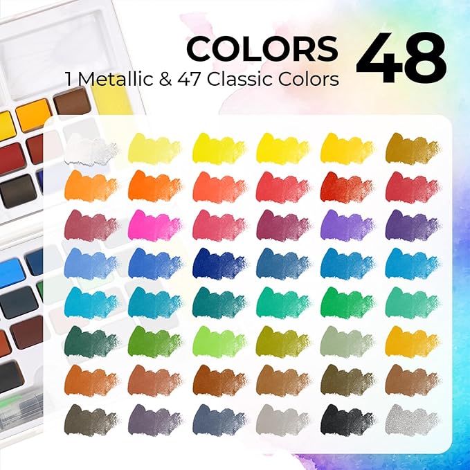 Funto Watercolor Paint Set, 48 Colors, Tutorial Pad, 8 Brushes,Water Brush Pen & More, Painting Set for Adults,Beginners,Professional