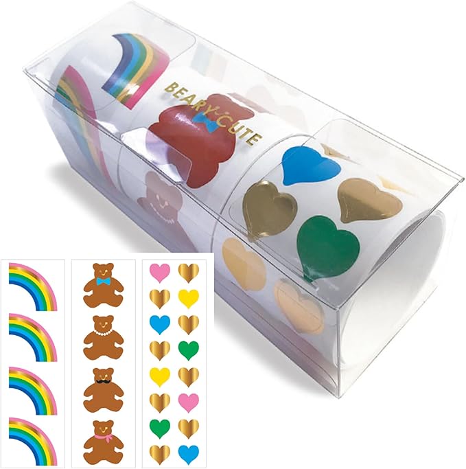 Mrs. Grossman's Beary Cute 3-Roll Sticker Gift Box with Over 175 Premium Stickers with Bears, Rainbows, and Hearts for Collecting, Scrapbooking and Decoration, Kids and Adults