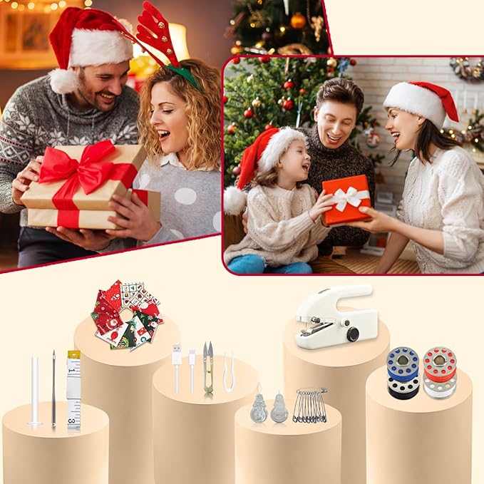 Handheld Sewing Machine with 8 Pieces of New Year's Fabric & 21 Sewing Accessories, Mini Sewing Machine for Beginners, Perfect Sewing Tool for 2026 New Year DIY Gifts, Decor & Clothing Repairs