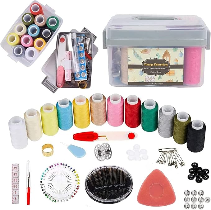 Sewing Kit for Adults & Beginners - Portable Travel Hand Sewing Supplies with Case, Thread, Needles, Scissors - Complete Basic Starter Set (Gray)