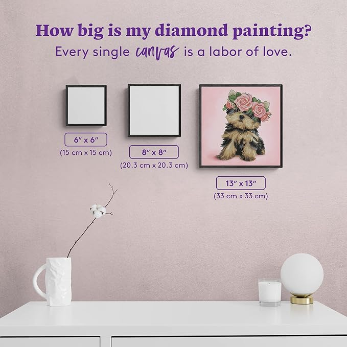DIAMOND ART CLUB Yorkie & Roses Diamond Painting Kit, Fun DIY Crafts for Adults, Square Diamond Art Canvas, 13" x 13"