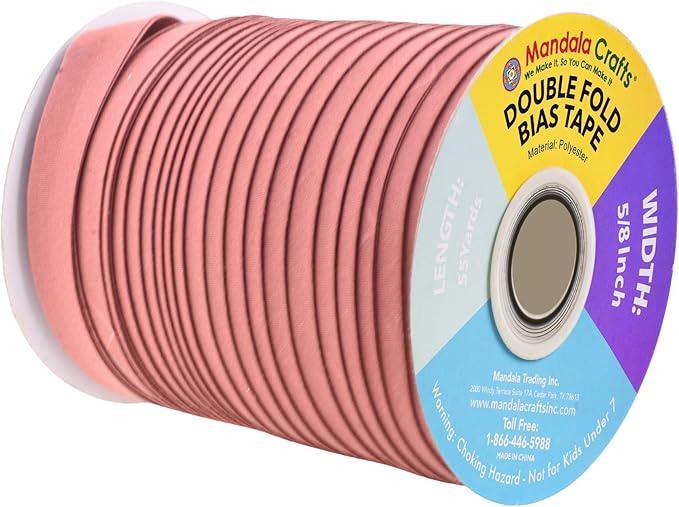 Mandala Crafts 55 Yards 5/8 Inch Dusty Rose Double Fold Bias Tape for Sewing - Bias Binding Tape for Quilting Binding, Hemming, Seam, and Fabric Piping