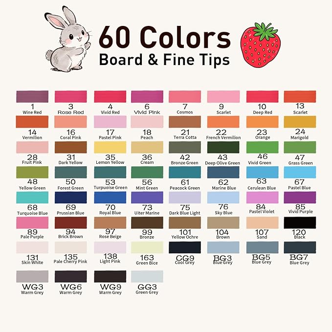 Alcohol Markers Set, 60 colors Alcohol Based Dual Tip, Fine and Brush Tip for Adult Coloring Books, Drawing, Sketching
