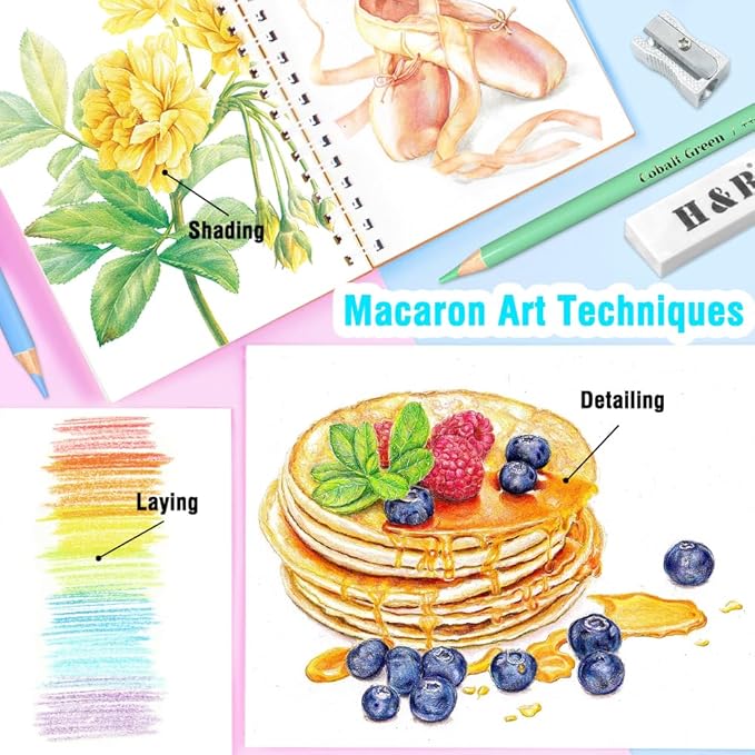 LBW Macaron Pastel Colored Pencils with Coloring Book, Eraser, Sharpener, Set of 50 Soft Core Artists Professional Color Pencils for Adults Kids Beginners
