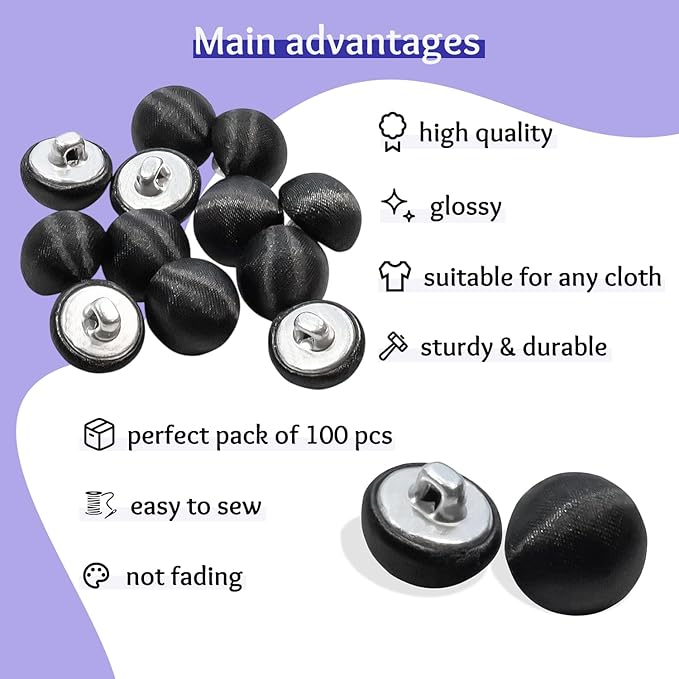 3/4" 100 Pcs Black Tuxado Suit Buttons 30L Black Satin Buttons 0.75 inch (19 mm) Round Fabric Covered Smooth Metal Shank Ideal for Tuxedo Shirt Formalwear Jacket Clothes Blouse Skirts
