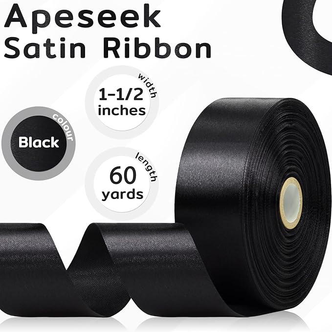 60 Yards Black Satin Ribbon 1-1/2 Inch, Solid Polyester Fabric Ribbon for Gift Wrapping, Crafts, Flower Bouquet, Wedding, Baby Shower, Festival, Christmas, Halloween