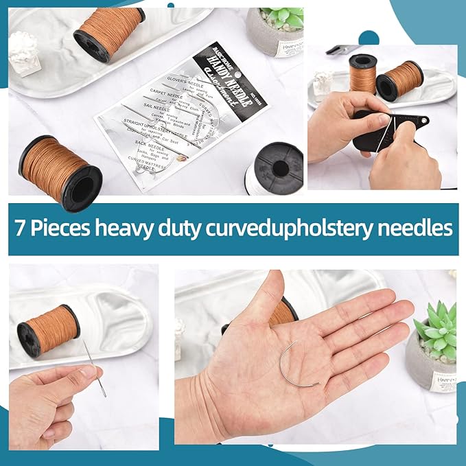 Topus Extra Strong Upholstery Repair Sewing Thread Kit and Heavy Duty Household Hand Needles, Including 7 Styles of Leather Canvas Sewing Needles and 3 Rolls Nylon Thread (70 Yard of Each Roll), Brown