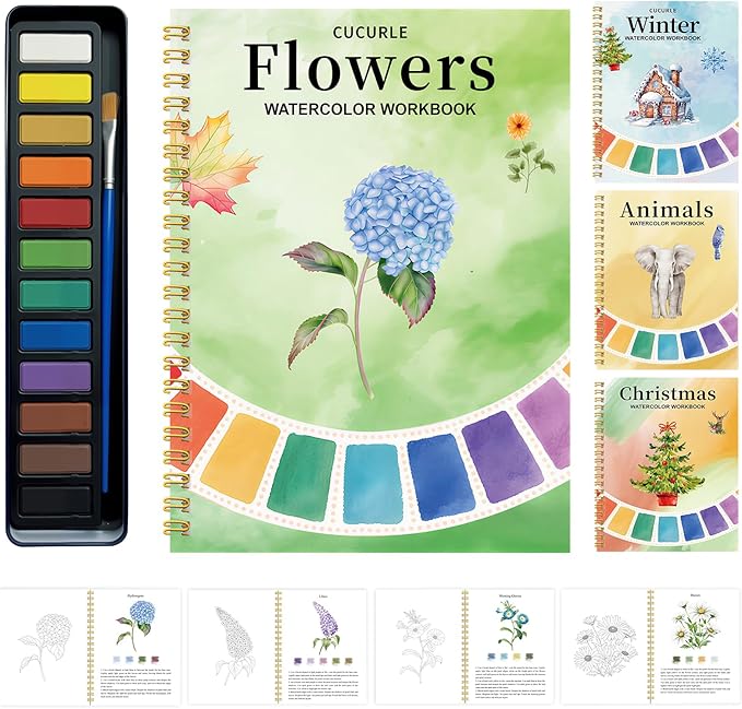 Beginner Watercolor Workbook with 12 Colors - Watercolor Paint Book & Art Gift for Beginners and Adults (Hydrangea)