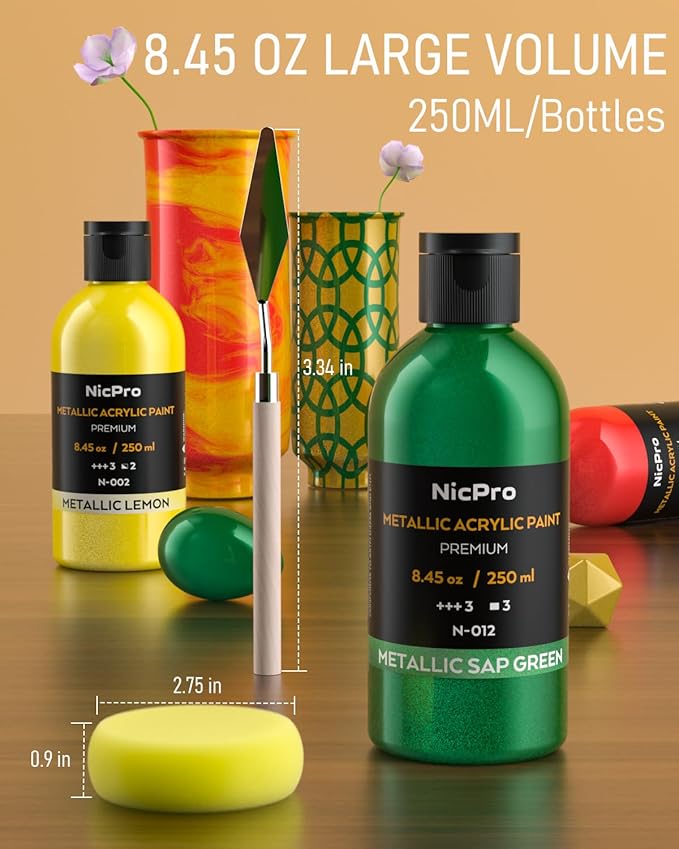 Nicpro Metallic Acrylic Paint Set (8.45 oz, 250 ml), 20 Colors Large Acrylic Paint Bulk, Non Toxic Art Painting Supplies for Multi Surface Canvas Rock Wood Leather Stone Metal Craft with Color Wheel