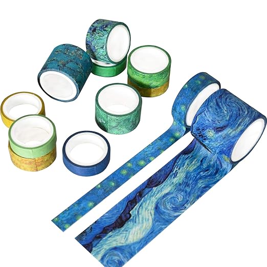 Washi Tape Set of 12 Rolls,Van Gogh Starry Night Decorative Green Leaves Floral Blue Yellow Washi Masking Tape Sets for Craft,Kids,Scrapbook,DIY,Gift Wrapping(Yellow)