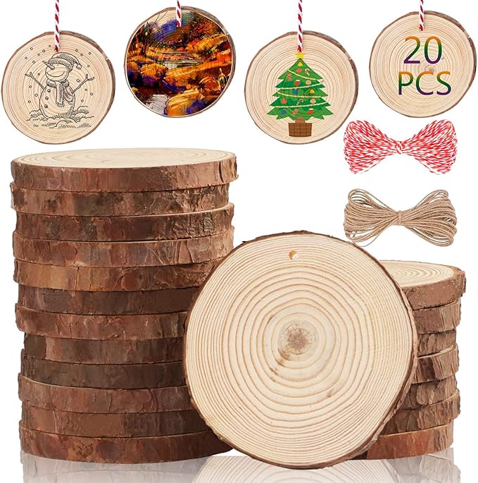 Artmag Natural Wood Slices 20pcs 3.5"-4" Unfinished DIY Crafts Predrilled with Hole Round Wooden Circles for Arts Rustic Wood Slices Christmas Ornaments Decor
