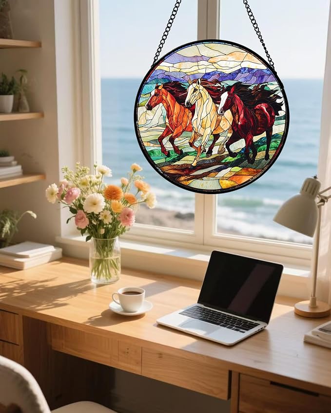 Stained Glass Window Hanging, Galloping Horses Sun Catcher for Door Home Decor Colorful Suncatcher Christmas Mother's Day Birthday Gifts for Women Men Mom and Nana 7.8 in