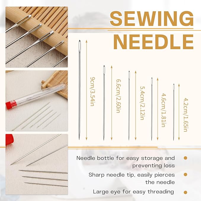 37 PCS Big Eye Steel Sewing Needles Kit, Steels Needle for Hand Sewing with Thimble, Threader, Thread Rippers for Beginner Traveler and Clothing Repair