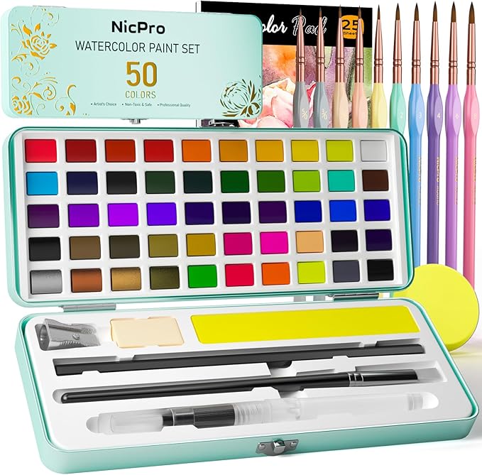 Nicpro 50 Colors Watercolor Paint Set, Including Metallic & Fluorescent Color, 8PCS Pastel Detail Painting Brush, Water Color Paper, Palette, Art Supplies Kit for Artist Adult Beginner with Gift Box