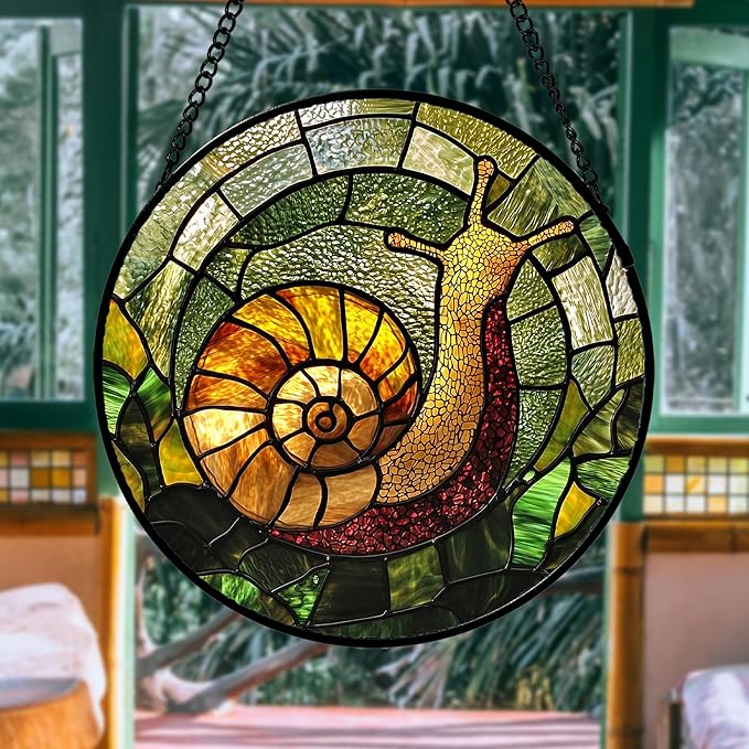 Stained Glass Window Hanging, Green Orange Snail Sun Catcher for Door Home Decor Suncatcher Christmas Mother's Day Birthday Gifts for Women Men Mom and Nana 7.8 in