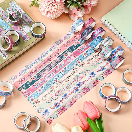 Janlaugh 24 Rolls Christian Washi Tape for Bible Journaling Gifts Bulk Religious Inspirational Scripture Supplies Spanish Floral Bible Verse Washi Tape for Study Crafting Spring Gifts Favors