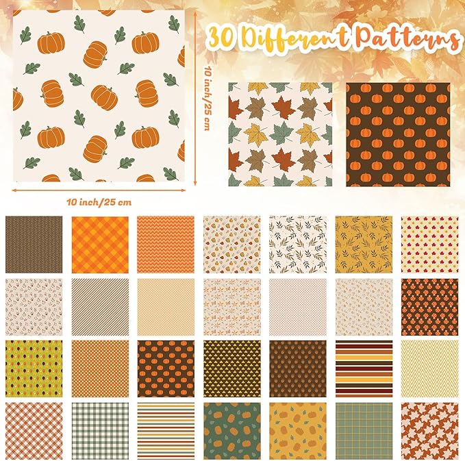 Tatuo 30 Pieces 10 x 10 Inches Cotton Fabric Bundle Squares Patchwork Floral Fabric Sewing Quilting Bundles Assorted Pattern Cloth for DIY Scrapbook Craft Making (Fall)