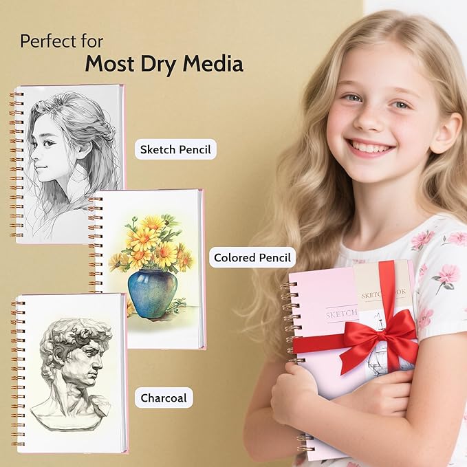 Yoment 5.5" x 8.5" Sketch Book Small Sketchbook for Drawing 100 Sheets Hardcover Spiral Sketch Pad for Kids(68lb/100gsm) Art Sketchbook Drawing Blank Paper Book for Beginner Artist with Pencil Pink