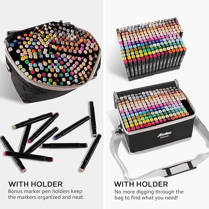 ABEIER 204 Alcohol Markers Set, Dual Tips Blender Art Markers for Drawing, Permanent Sketch Marker for adult coloring, Alcohol Based, Adults Coloring and Artist Illustration.