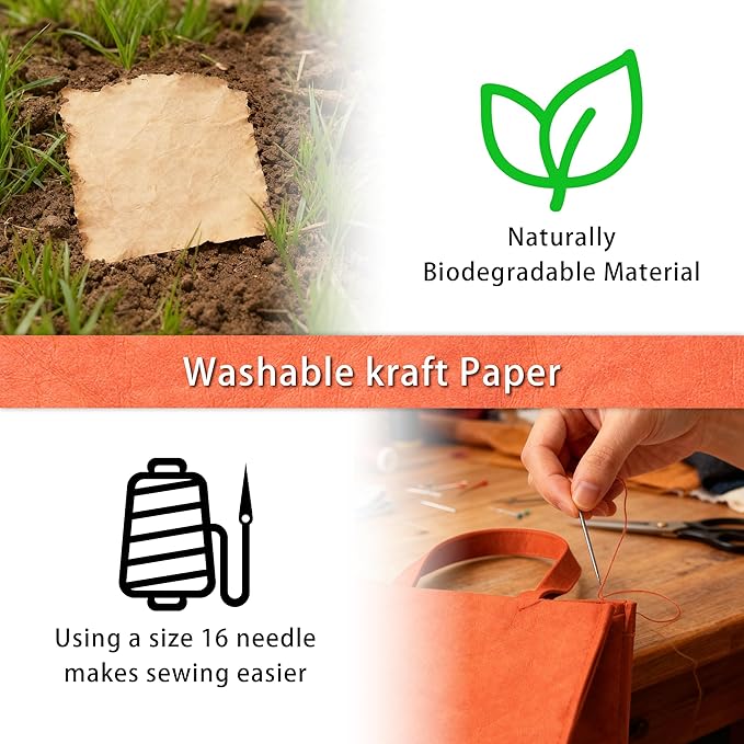 GONGZITEM Washable Kraft Paper Roll 19.5" x 58.5" – Sewable Kraft Paper Fabric for DIY Bag Making, Tote & Lunch Bags – Leather-Like Craft Material (GZ04)