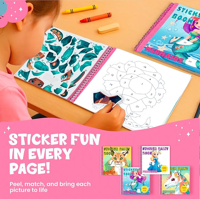 BulbaCraft 4Pcs Sticker Paint Books - Sticker Books by Number with Mermaids, Princesses, Animals and Unicorns - Coloring Activity