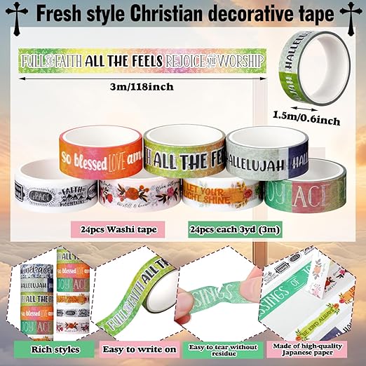Janlaugh 24 Rolls Christian Washi Tape Gifts Bulk Religious Inspirational Scripture Supplies Vintage Bible Verse Washi Tape for Bible Journaling Study Crafting Spring Gifts Favors