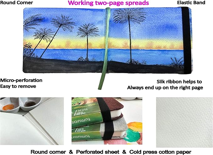 tumuarta Square Watercolor Journal, 8.25x8.25”, 140 LB, 300 GSM, 25% Cotton, Cold Press, 24 Sheets, 48 Pages, Watercolor Paper Sketchbooks for Use As Travel Mixed Media Pads Plein Air Set