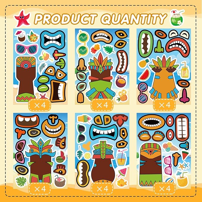 24 Sheets Summer Stickers, Make a Tiki Face Sticker, Tropical Hawaiian Stickers Make Your Own Tiki Sticker for Kids Summer Luau Party Favors Decoration